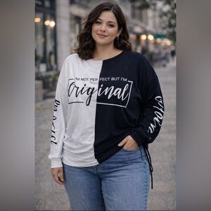 On Fire-  Black and White - 2 tone - Long Sleeve Tee - adjustable ruche sides